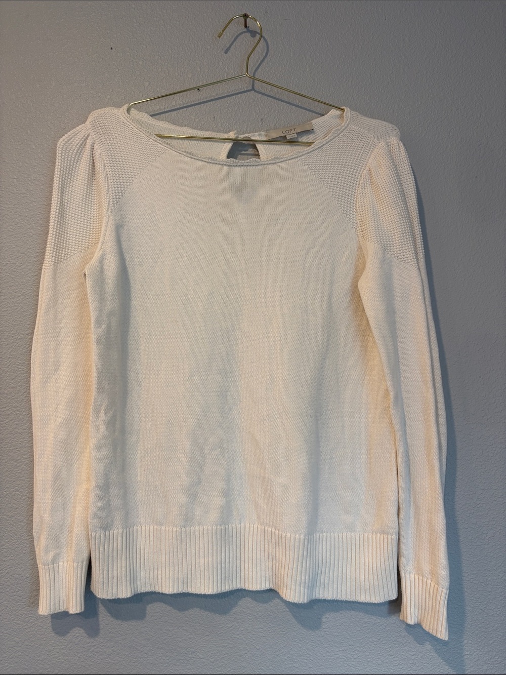 LOFT Cream Textured Shoulder Crewneck Sweater
